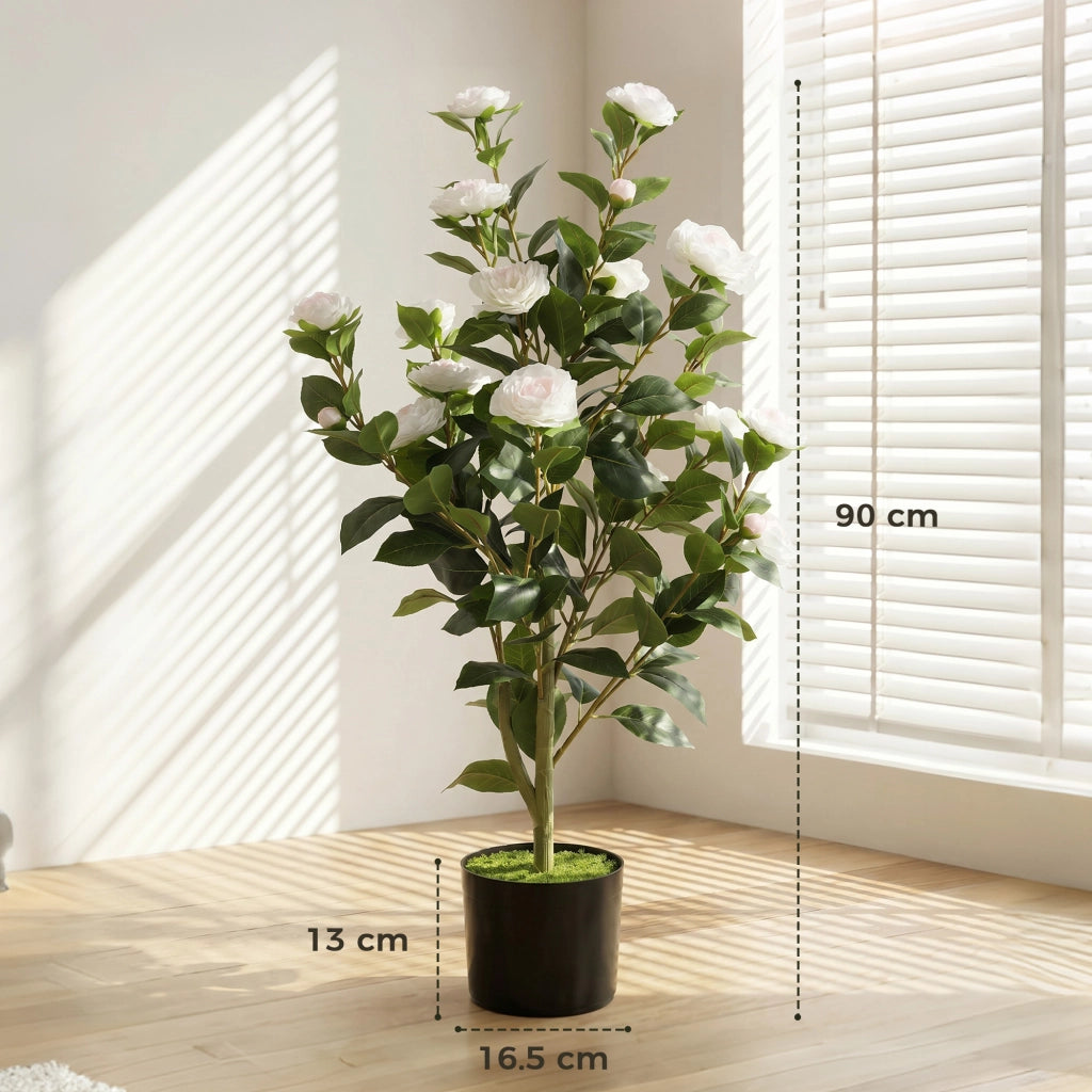 Pianta Finta Camelia con Fiori Realistici e Vaso ¨C zephmum ¨C Bianco Vaso Nero 176 Foglie