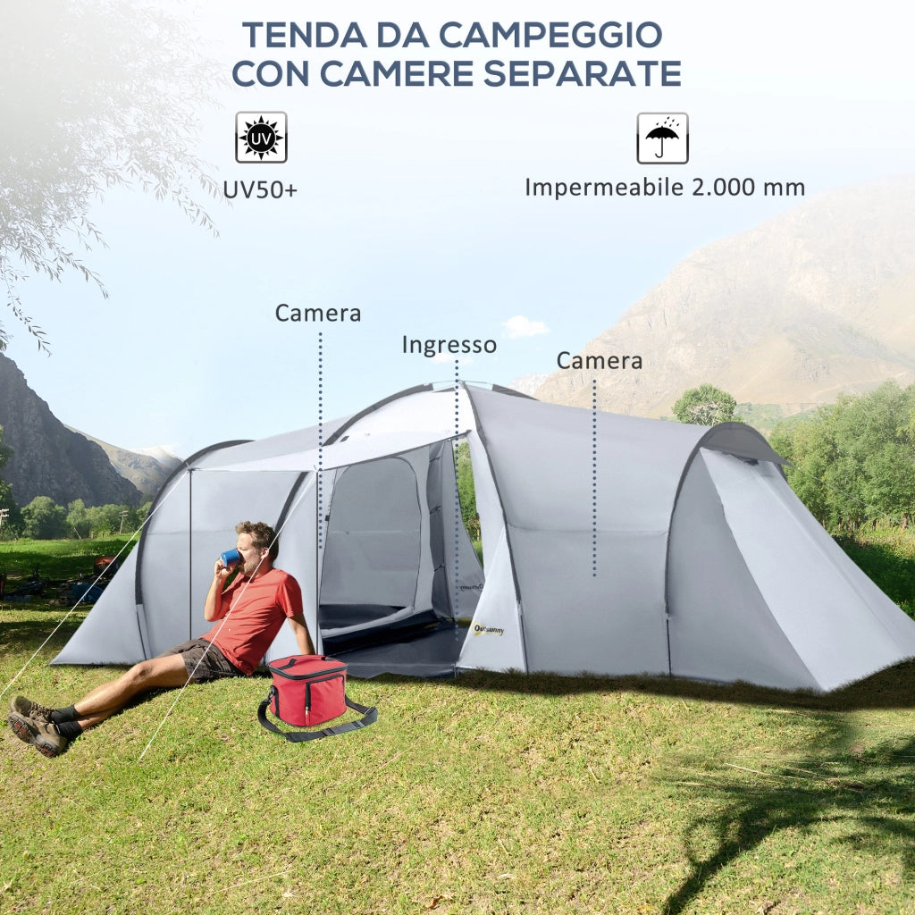 Tenda da Campeggio-Tenda per Escursionismo  5 Posti con 2 Camere Impermeabile con Baldacchino, 590x245x193 cm, Grigio