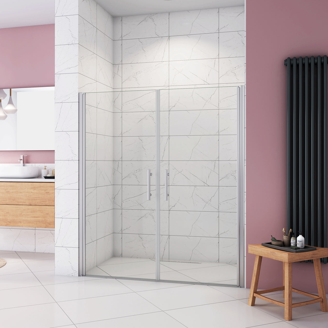 Box Doccia per Nicchia 185 cm Doppia Porta Battente Saloon Vetro Temperato 6 mm Anticalcare Larga 146 cm (76+76: 1438-1478 mm)