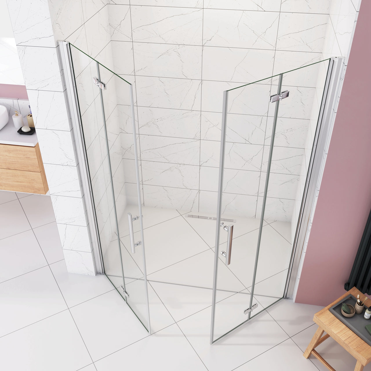 Box Doccia in Linea per Nicchia 195 cm Doppia Porta Battente 4 Ante Pieghevoli Saloon Vetro Temperato 6 mm Anticalcare 135 cm (70+70: 1318-1358 mm)