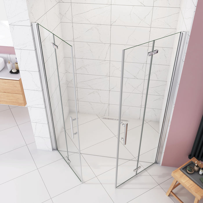 Box Doccia in Linea per Nicchia 195 cm Doppia Porta Battente 4 Ante Pieghevoli Saloon Vetro Temperato 6 mm Anticalcare 135 cm (70+70: 1318-1358 mm)