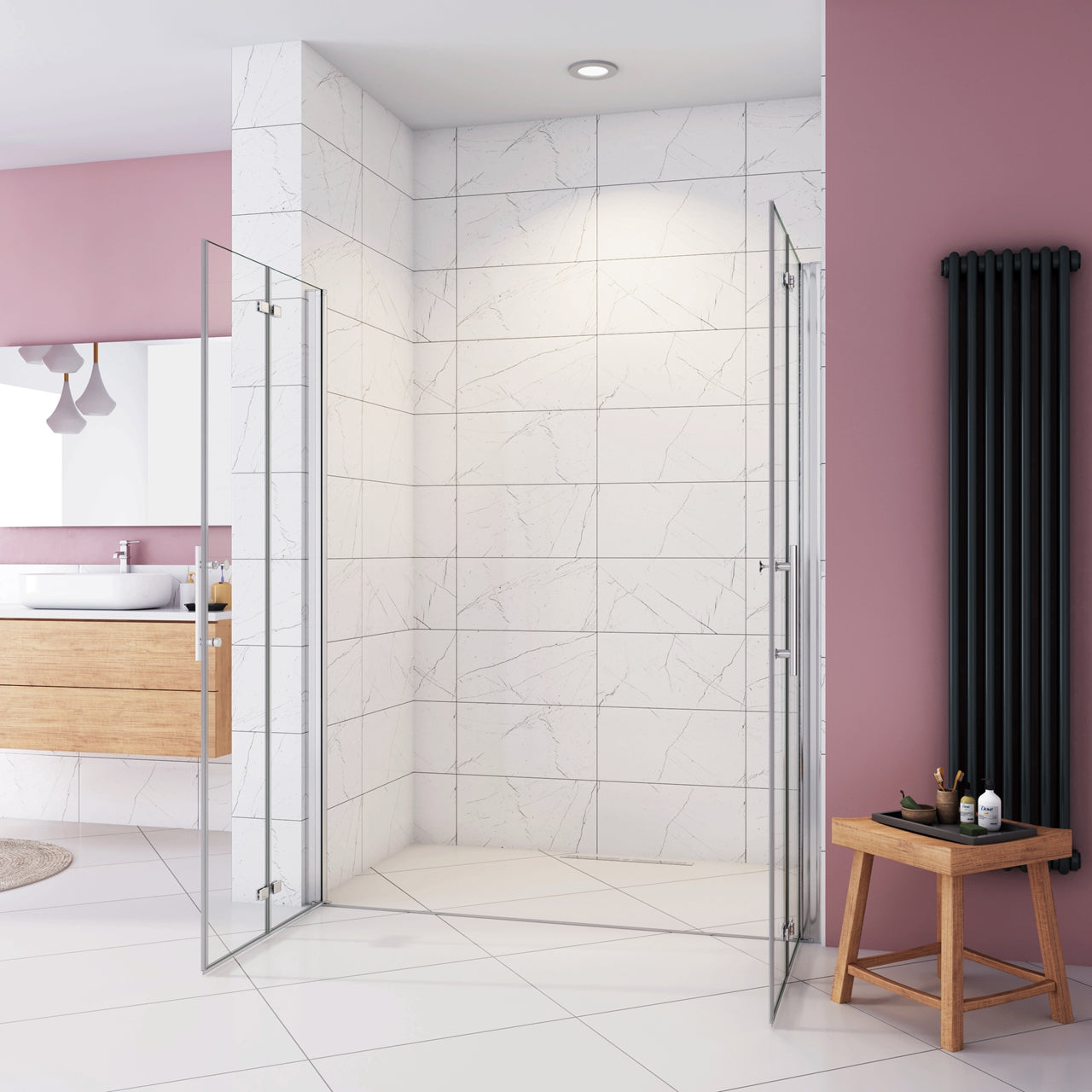 Box Doccia in Linea per Nicchia 195 cm Doppia Porta Battente 4 Ante Pieghevoli Saloon Vetro Temperato 6 mm Anticalcare 135 cm (70+70: 1318-1358 mm)