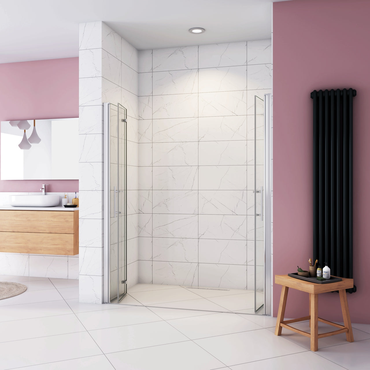 Box Doccia in Linea per Nicchia 185 cm Doppia Porta Battente 4 Ante Pieghevoli Saloon Vetro Temperato 6 mm Anticalcare 135 cm (70+70: 1318-1358 mm)