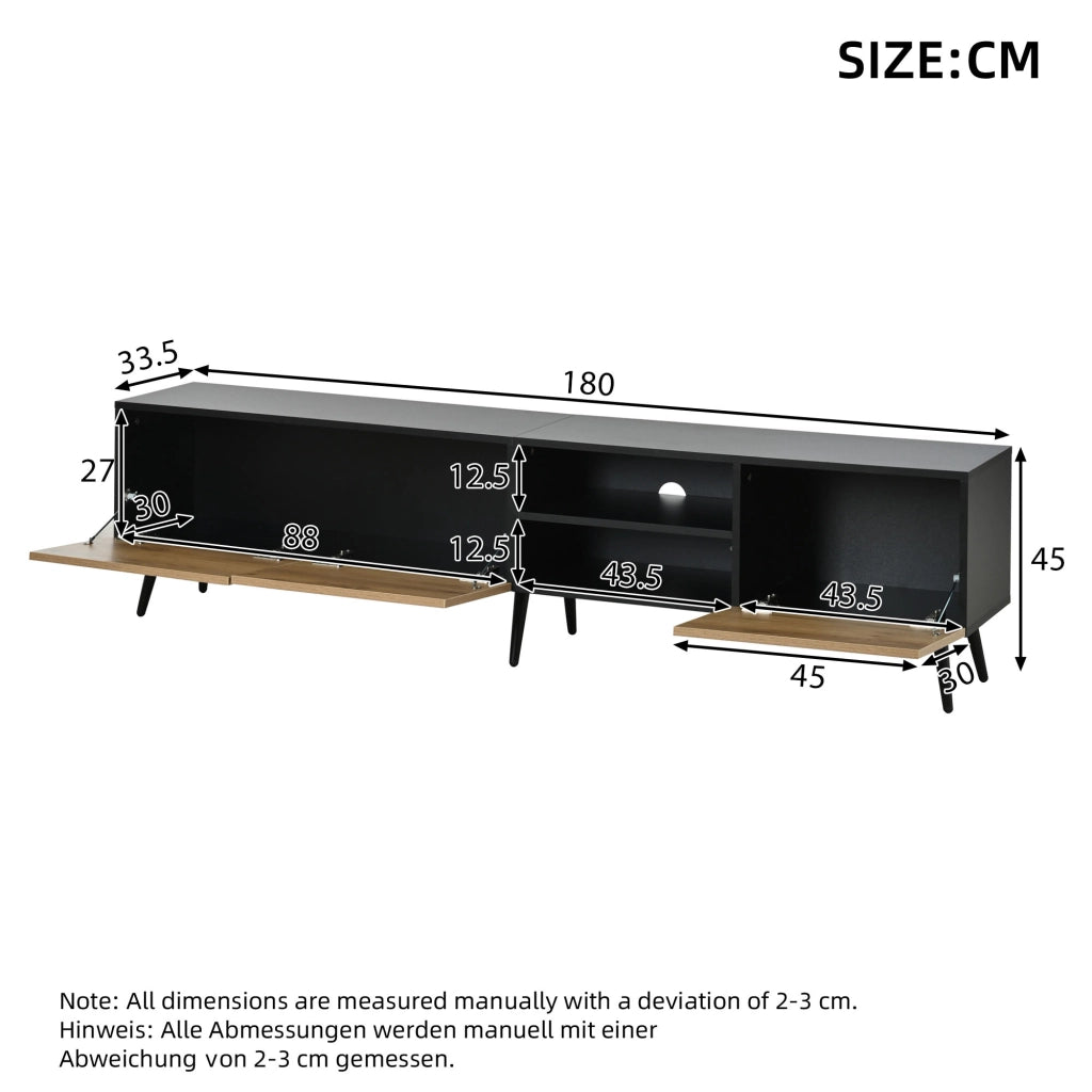 Mobile TV 180x33,5x45 cm con Ante e Passacavi ¨C MINIMAL ¨C Bianco/Nero/Legno
