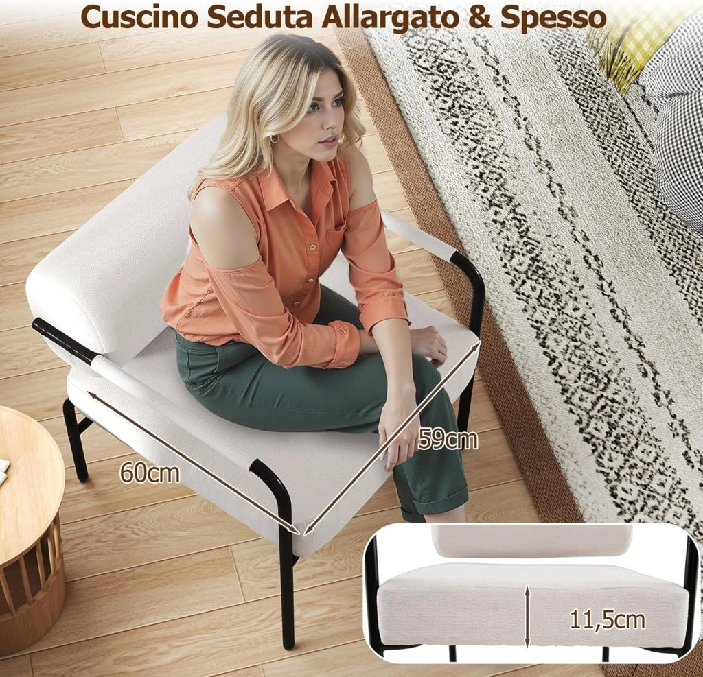 Poltrona da Salotto, Poltrona Ergonomica con Schienale Cilindrico e Braccioli in Metallo, Sedia Imbottita Laterale per Soggiorno, Camera da Letto e Sala Lettura, Portata 150 kg