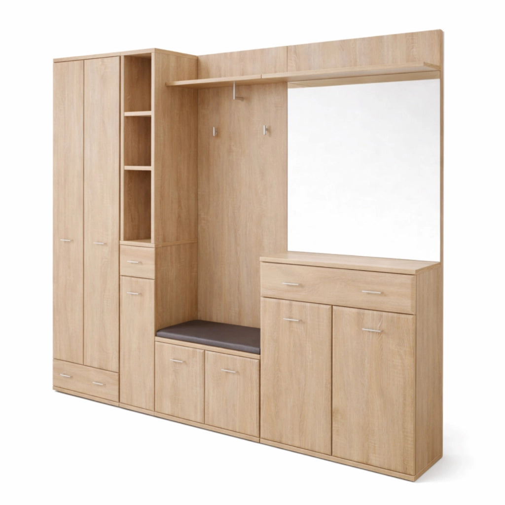 Mobile Ingresso Panca Portascarpe Appendiabiti Set Entrata Anta Specchio Vani Guardaroba Ganci Armadio Contenitore Multifunzione Salvaspazio Per Corridoio Casa Design Moderno 210 x 32 x 203 Cm Rovere