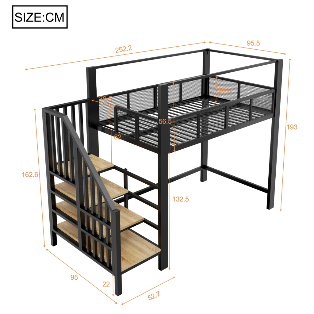 Letto a soppalco in metallo 90x200 cm con scala contenitore, struttura alta, colore nero