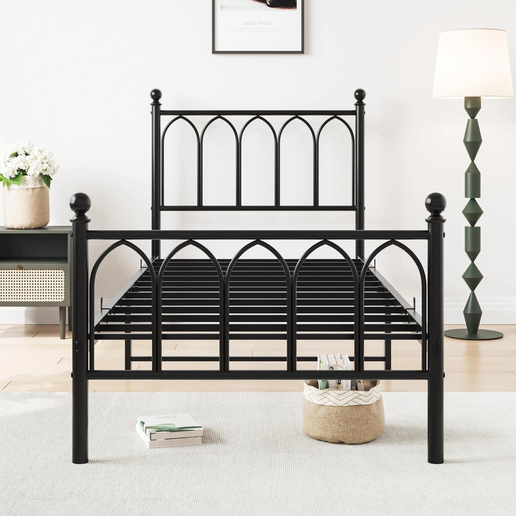 Letto in metallo con testiera vintage e contenitore, 90x200 cm, nero