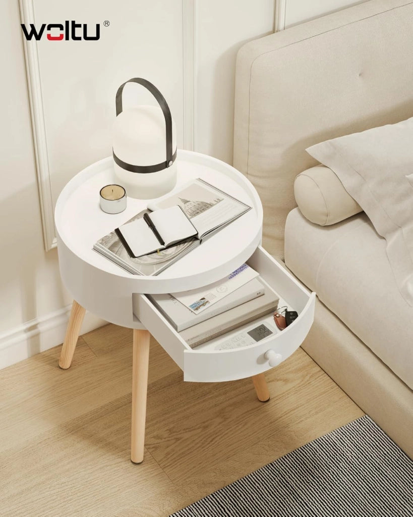 Set di 2 Comodini per Camera da Letto Comodino Rotondo con Cassetto Tavolino da Salotto in Legno Bianco TS111ws-2
