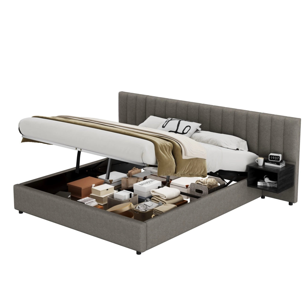 Letto contenitore 180 x 200 cm in lino grigio e nero con 2 comodini