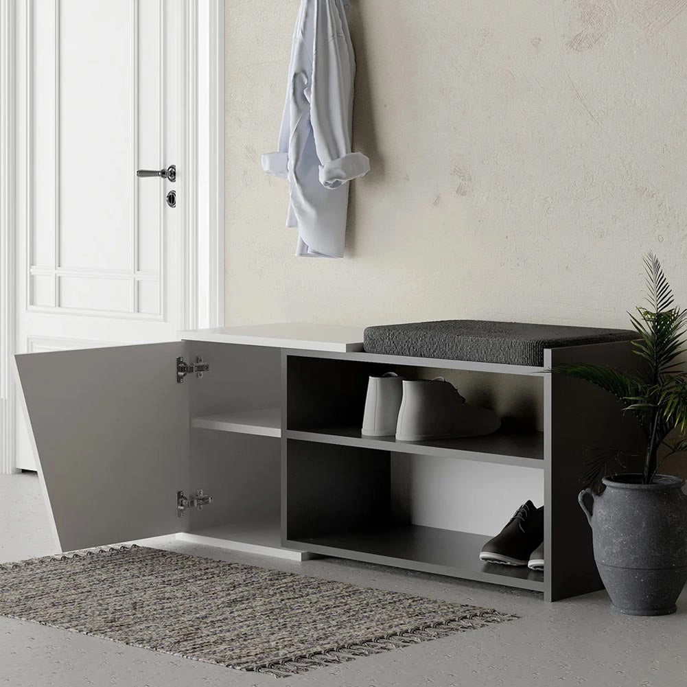 Panca Scarpiera da Ingresso 104x37x47 cm 2 Ripiani Porta Scarpe Mobiletto con Anta e Cuscino in MDF Bianco e Grigio