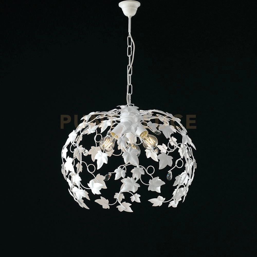 Lampadario in ferro laccato bianco con decorazione shabby chic e strass in cristallo 3 luci