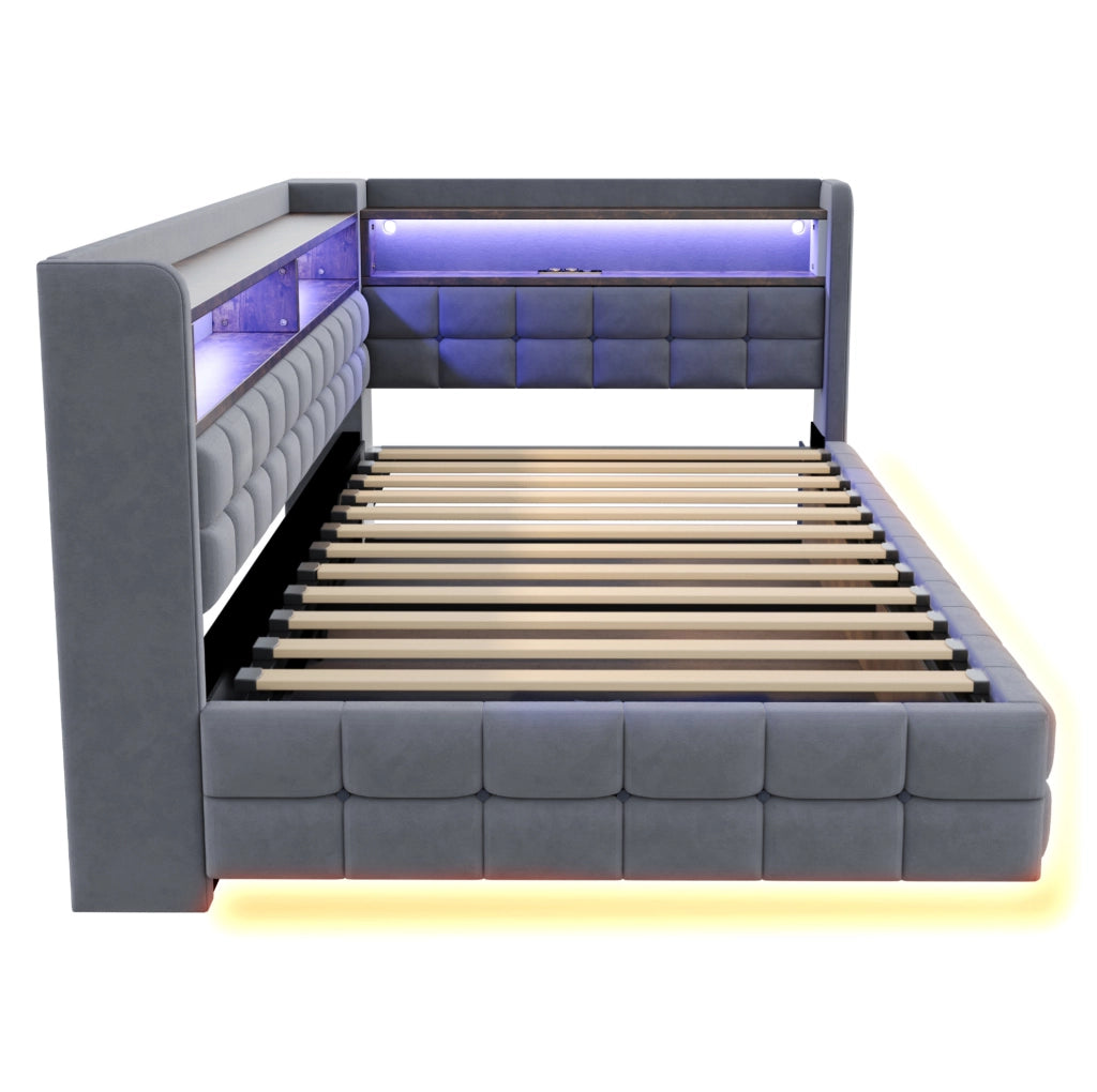 Divano letto imbottito 90x200 cm con contenitore idraulico; LED; USB; presa e mensole in legno; grigio chiaro