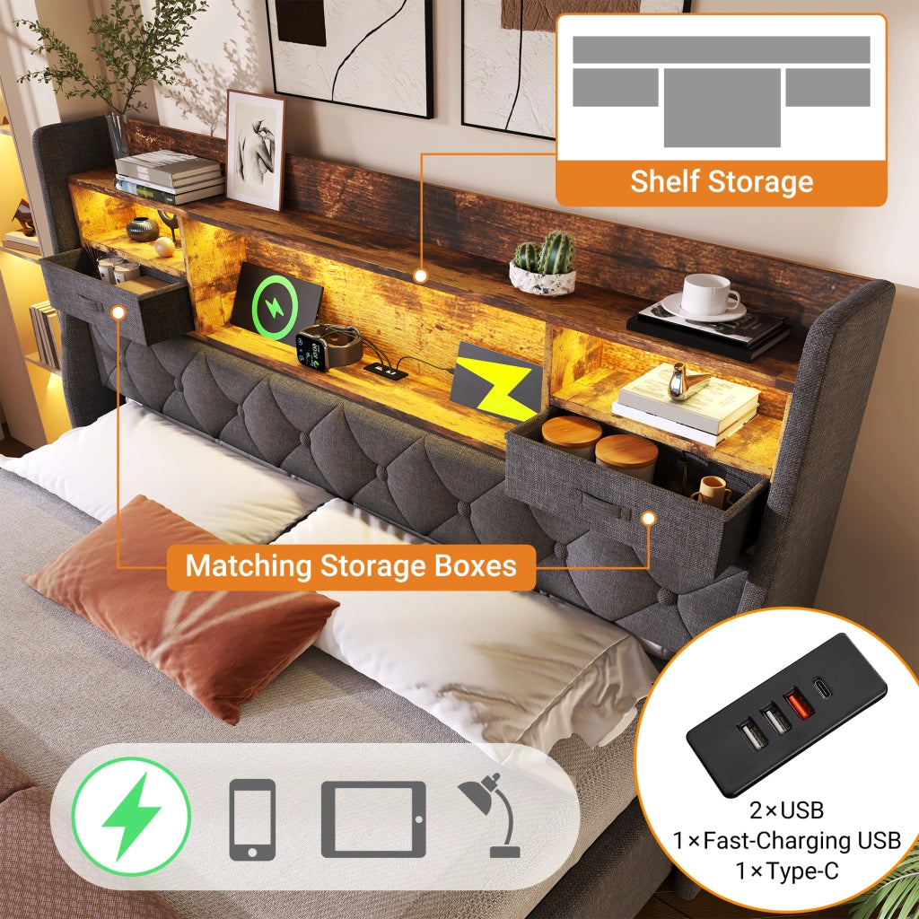 OKWISH Letto Contenitore 140×200 cm, Letto Matrimoniale con LED Regolabile, USB, Tipo C e Contenitore, senza Materasso, in Lino, Grigio