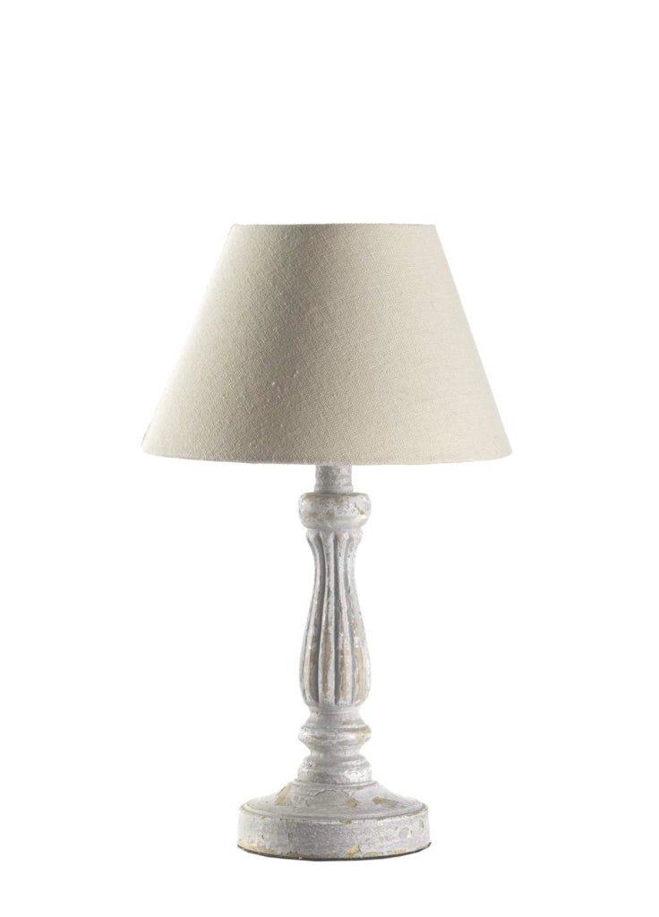 ONLI - Lampada da tavolo in legno invecchiato con paralume in tessuto beige
