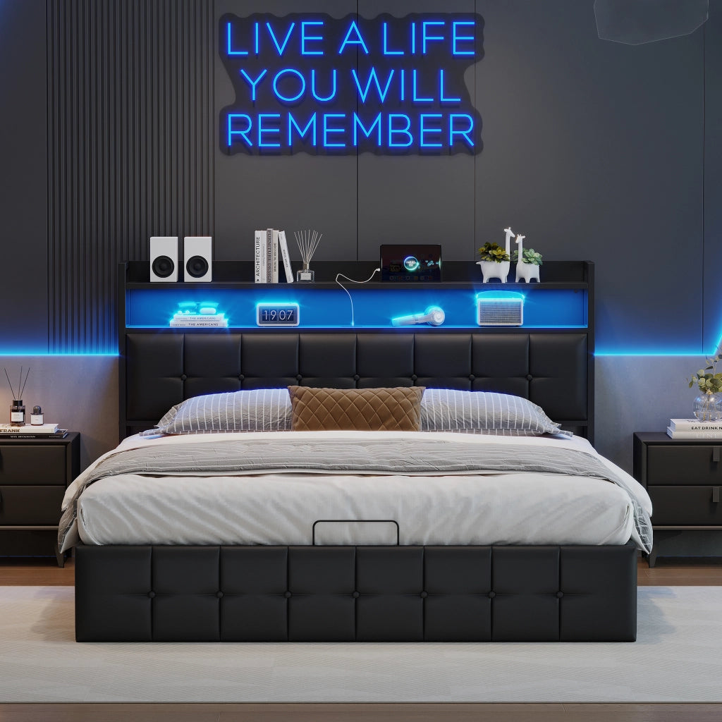 Letto matrimoniale 140x190 cm con contenitore LED USB testiera struttura letto MDF e PU - nero