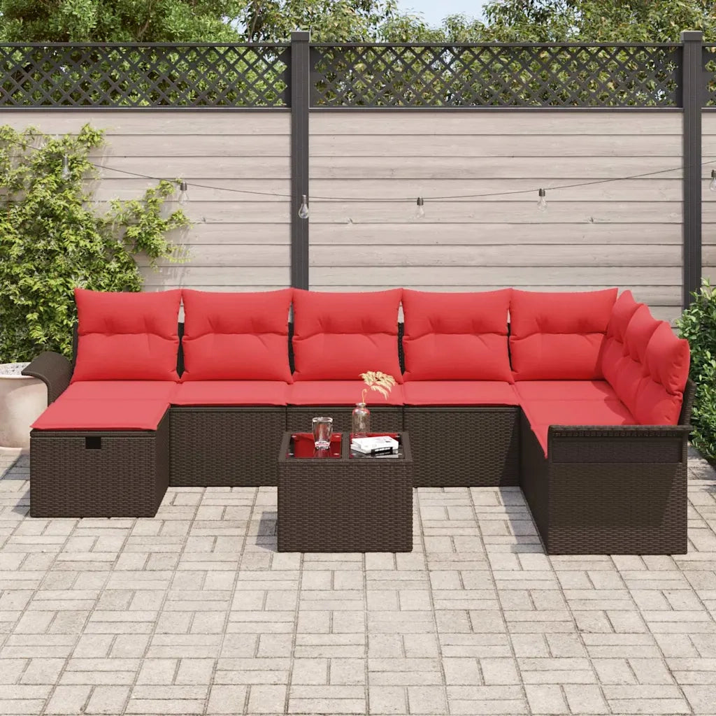 Set Divano da Giardino 9 pcs Marrone e Rosso polyrattan