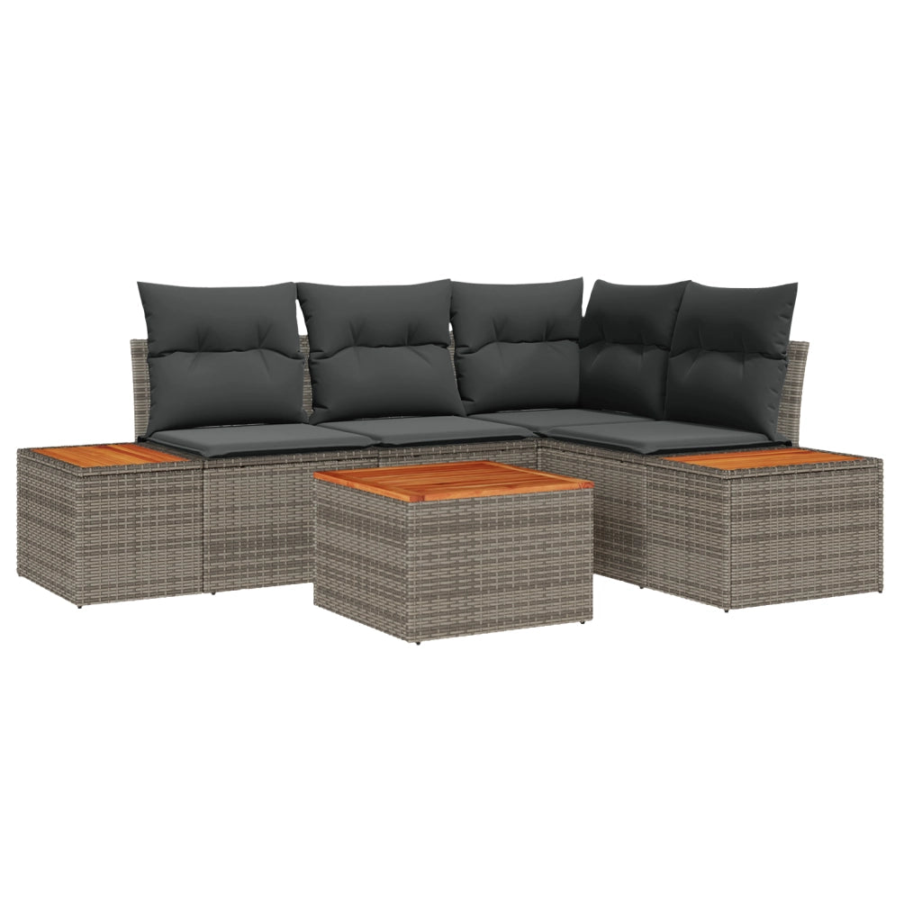 Set da giardino 5 pezzi con cuscini grigio e rattan versatile in acacia