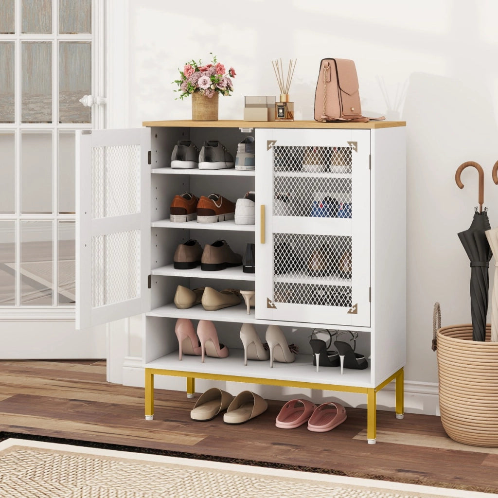 Armadio porta scarpe in legno con mensole regolabili e gambe metallo, Armadio porta scarpe a 5 ripiani con ante rete Bianco-Scarpiere
