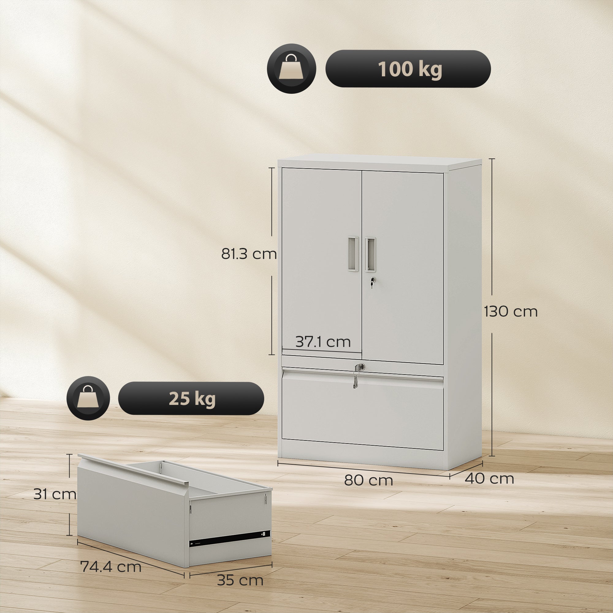 Armadietto da Ufficio 80x40x130 cm con Ripiano Interno e Cassetto in Acciaio Bianco