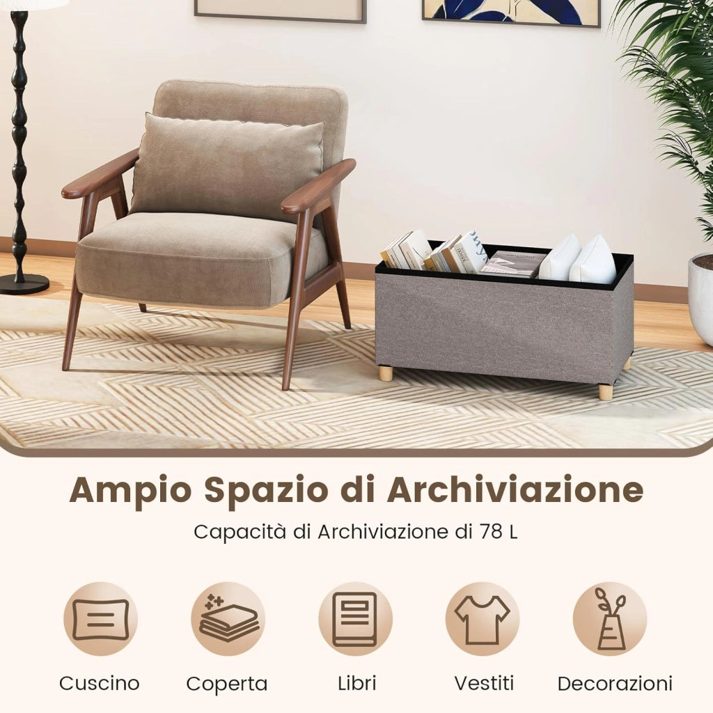Panca Contenitore 78 L, Cassapanca Contenitore con Vassoio Reversibile e Gambe in Legno Massello, Panca Poggiapiedi Pieghevole in Tessuto di Lino per Soggiorno e Ingresso, 76 X 38 X 39 CM