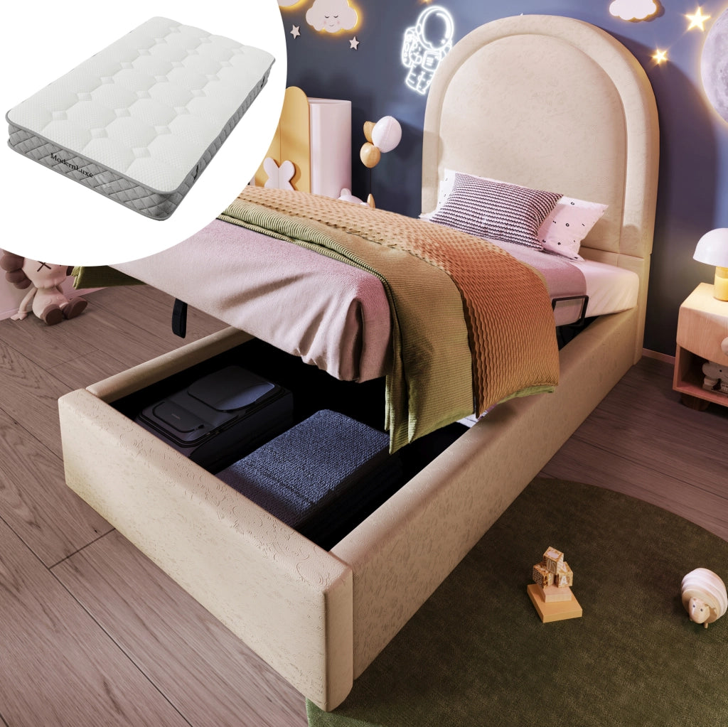 Letto singolo imbottito per bambini 90x200 cm con contenitore e materasso H3 a 7 zone; PU beige