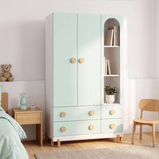Armadio per Cameretta Vaarentaa a 2 Ante con 4 Cassetti e 3 Vani Aperti 156x90x41 cm - Bianco/Verde Menta [en.casa]
