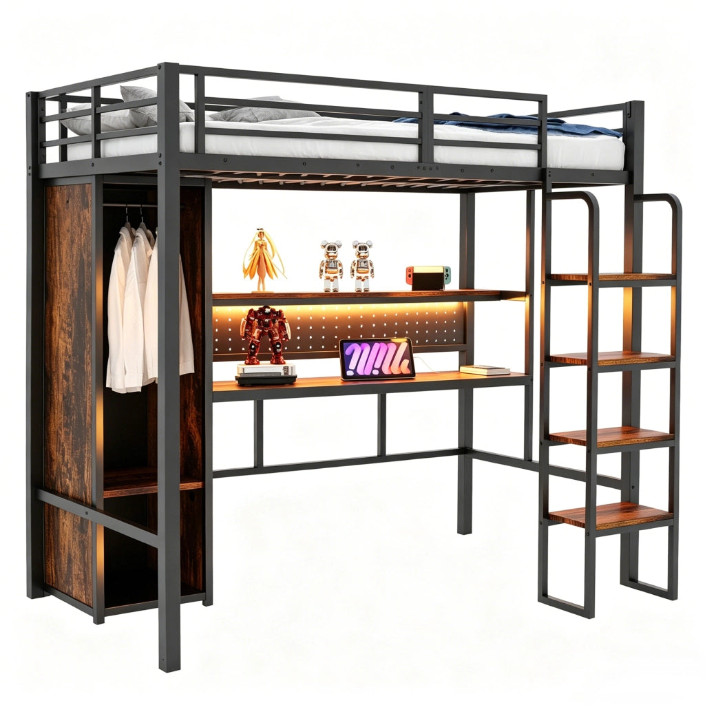 Letto a soppalco 90x200 cm con scrivania; armadio e LED in MDF e metallo nero