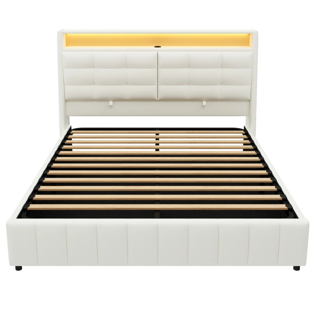 Letto imbottito 160x200 cm con contenitore; LED e USB in PU bianco