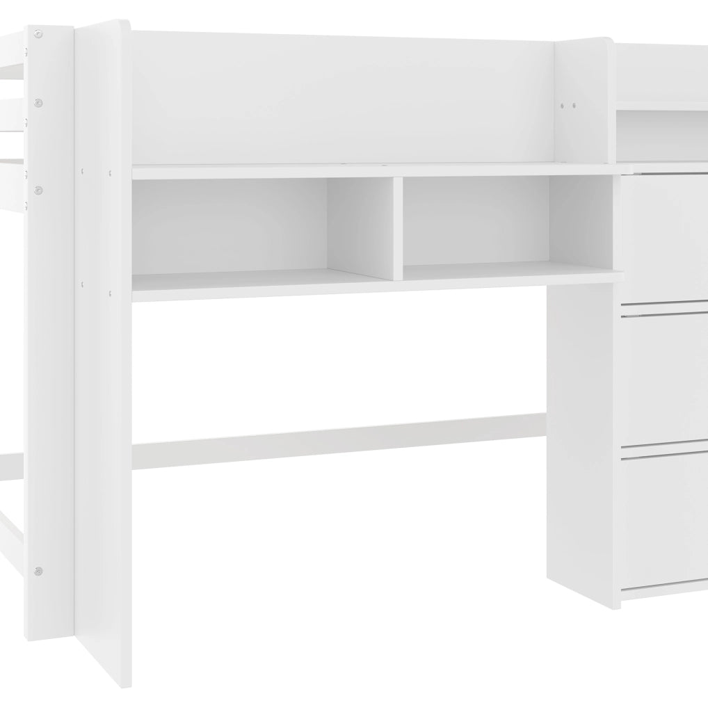 Letto a soppalco 90x200 cm con spazio contenitore in pino bianco