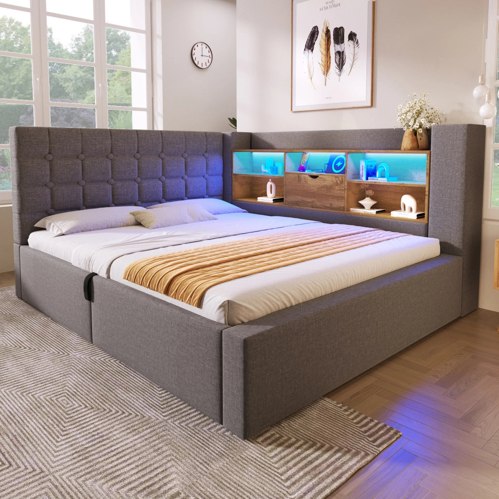 OKWISH Letto Contenitore 140×190 cm, Letto Matrimoniale con LED Regolabile, USB, Tipo C e Testiera a L, senza Materasso, Grigio