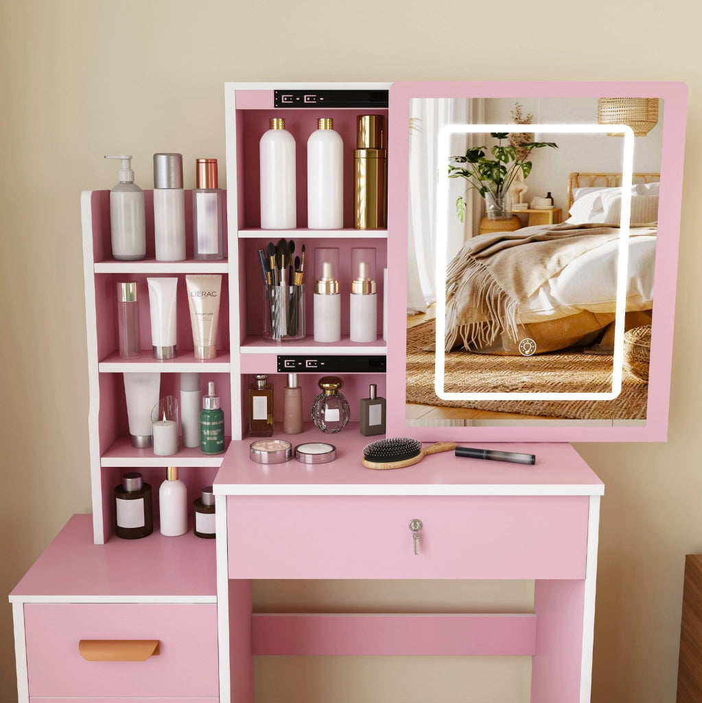 Tavolo da trucco con specchio LED; 4 cassetti; struttura in MDF; rosa; 85x130x36 cm