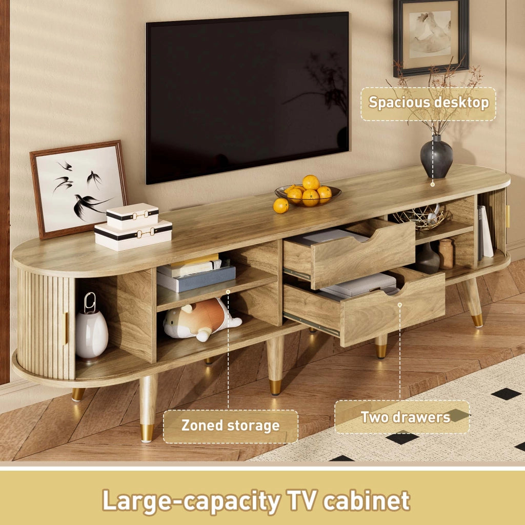 Mobile TV con 2 Ante Scorrevoli; 2 Cassetti e Vani a Giorno; Stile Naturale; 175??38??45 cm; in MDF; Rovere