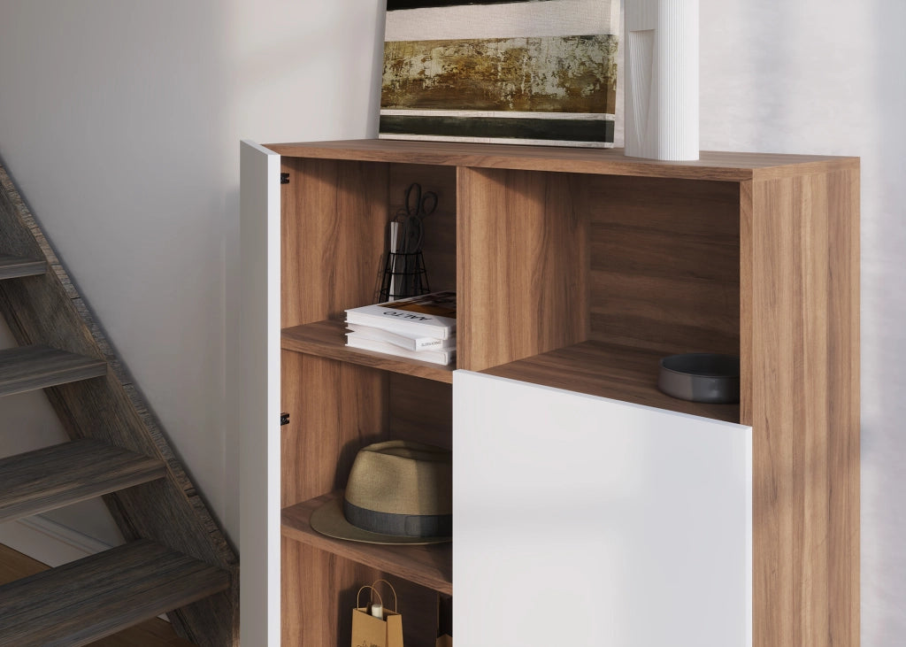 Credenza 1 vano Herdasa effetto noce e bianco gambe grafite 110x90x34