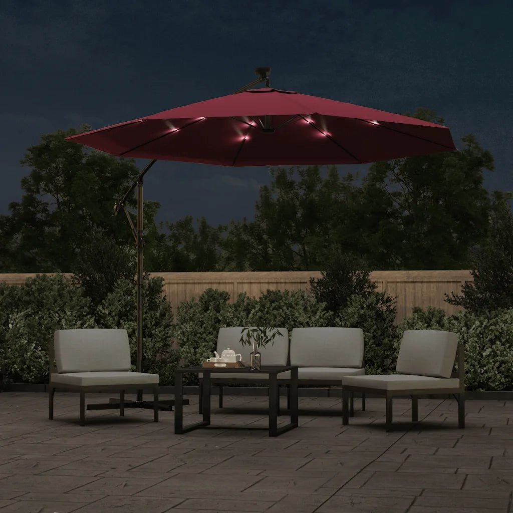 Ombrellone a Sbalzo con LED e Palo in Acciaio 300 cm Rosso Vino 313780
