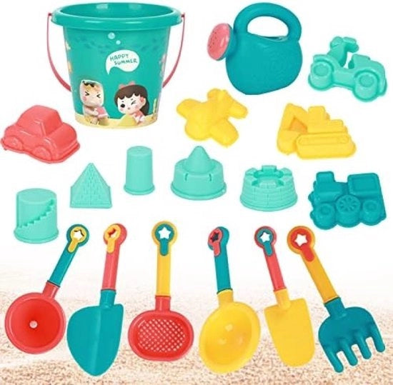 Set di giochi per bambini, 18 pezzi, giochi per il mare, giochi per il mare con secchio, forme di sabbia, secchielli, rastrelli, vanghe e sacchetti a rete, cassa di sabbia, giochi per bambini, per ragazzi