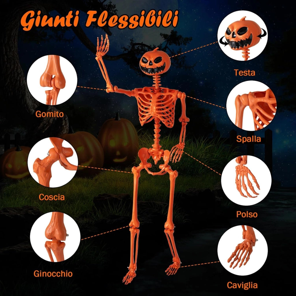 COSTWAY Scheletro di Halloween Arancione 158 CM, Scheletro a Grandezza Naturale con Testa di Zucca e Articolazioni Mobili per Decorazioni da Interno ed Esterno, Casa Infestata e Festa
