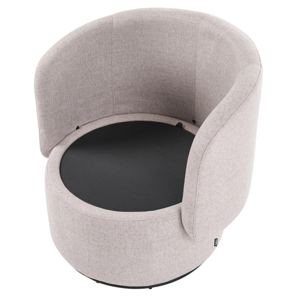 Poltrona in tessuto beige base girevole a 360° con vano portaoggetti cuscino decorativo stile retrò salotto angolo lettura