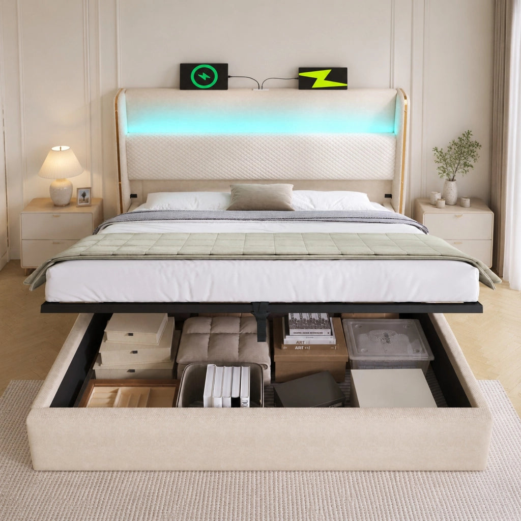 Letto matrimoniale 140x200 cm beige con LED, USB-C e contenitore
