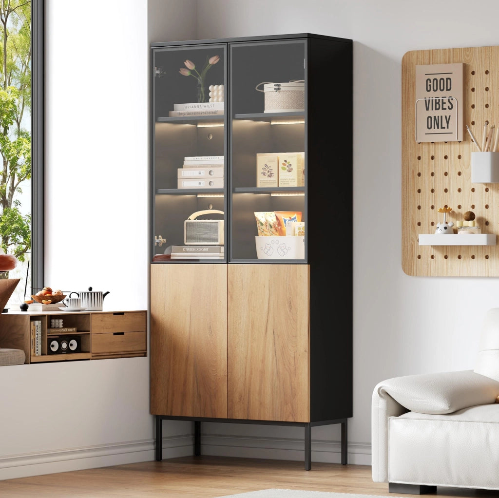 Vetrina in vetro 74x31x180 cm nera e rovere con LED per libri e oggetti