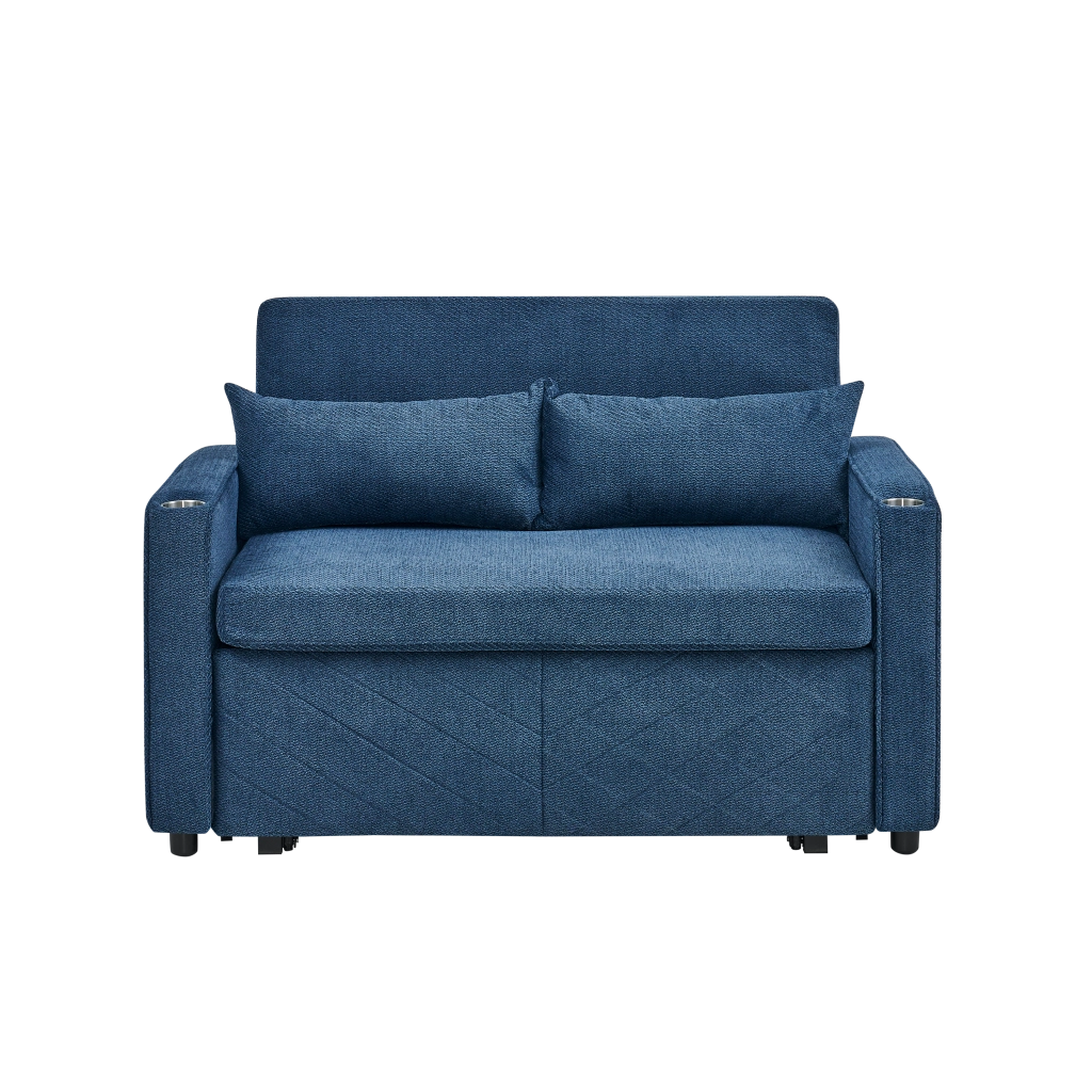 Divano letto 2 posti convertibile con funzione relax e porte USB; in tessuto; blu navy