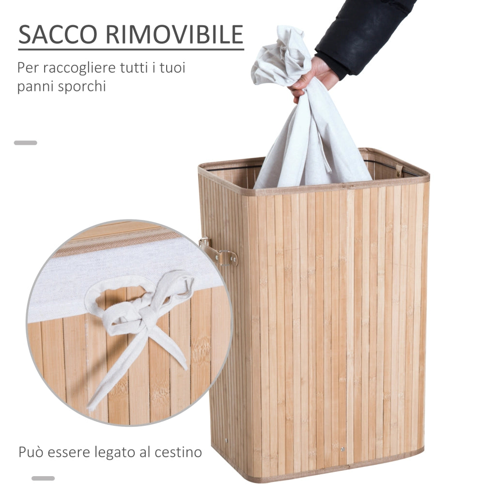 EasyComfort Cesto Portabiancheria in Bambù con Coperchio, Cestino per Biancheria con Sacco in Tessuto Rimovibile, 40x30x60cm, Naturale