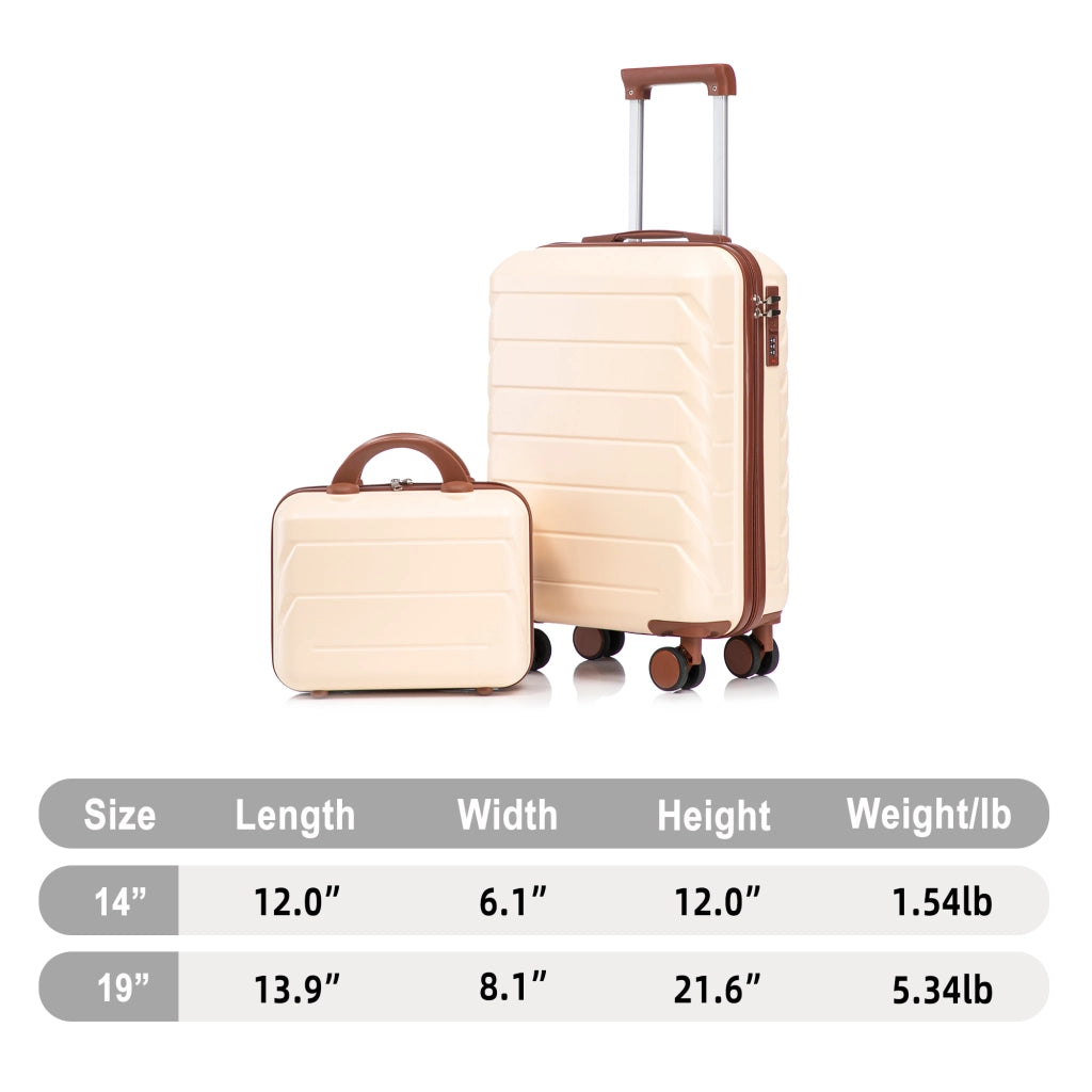 Carrello pieghevole set da viaggio rigido in abs con 4 ruote girevoli e trolley cosmetico beige 35,5 × 20,5 × 55 cm