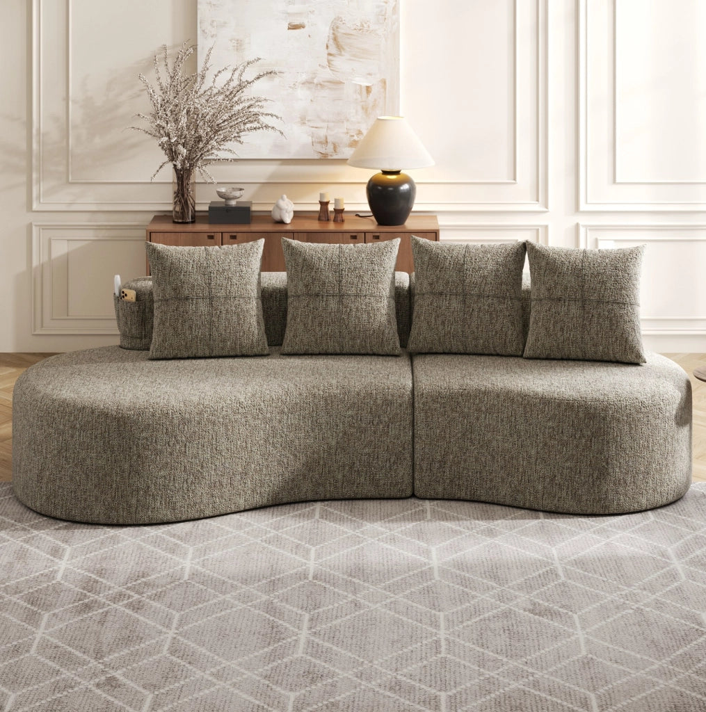 Divano in lino 240x109x60 cm color khaki con 4 cuscini; portabicchieri e tasche laterali