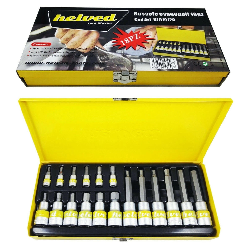 Trade Shop - Kit Di Bussole Esagonali 18 Pezzi Cromo Vanadio Helved Hld10120 In Acciaio Cromo -