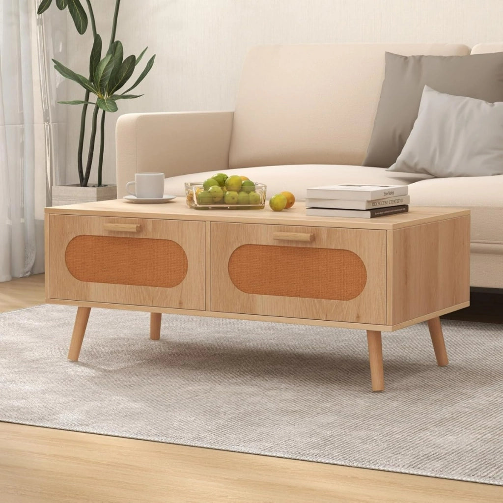Tavolino da caff¨¨ in rattan stile met¨¤ secolo, Tavolino rettangolare con doppio cassetto e scomparto posteriore-Tavolini da salotto
