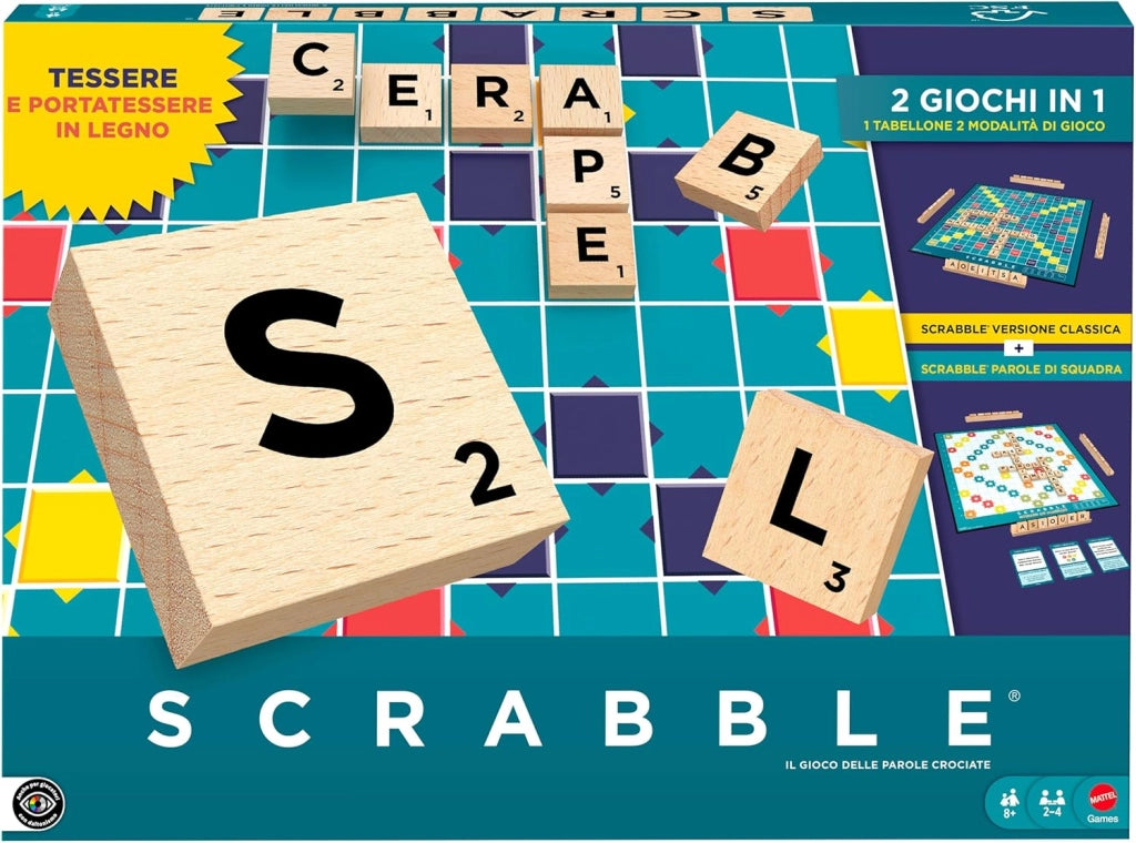Scrabble in legno, versione in italiano del gioco da tavolo con le parole, doppia modalita di gioco girando il tabellone