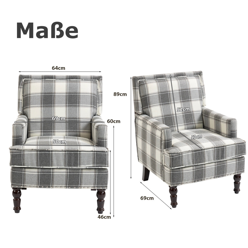 Sedia accent in stile vintage con rivestimento a righe bianco e grigio, struttura in legno e montaggio facile
