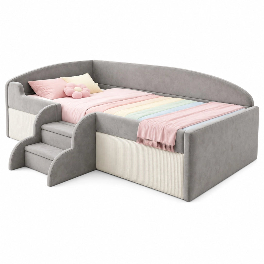 Letto imbottito per bambini 90 x 190 cm con gradini e sponde; velluto grigio
