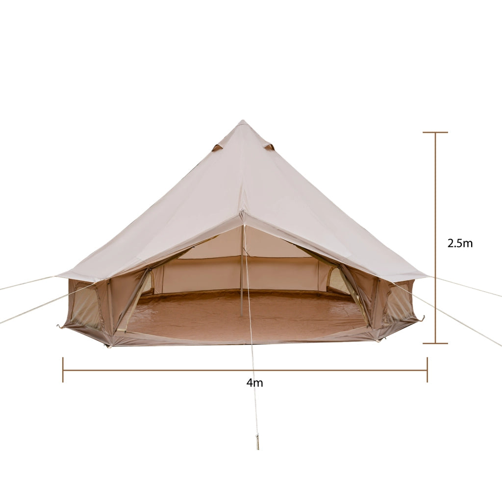 Tenda da campeggio a campana per 4-8 persone in poliestere beige con apertura per stufa per glamping